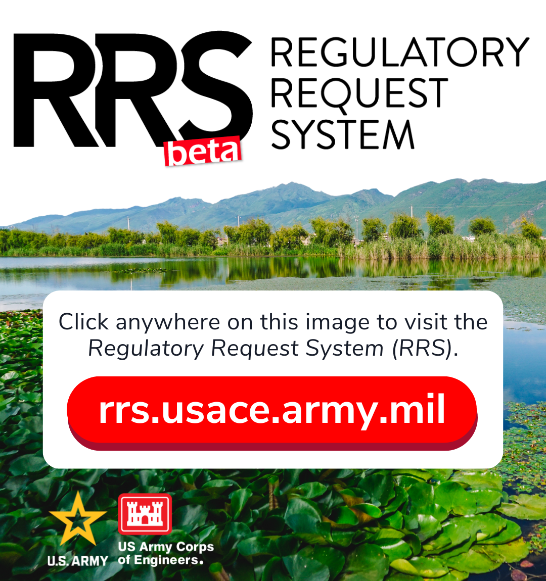 Regulatory Request System icon with pond and trees in background